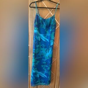 Teal & Blue Floral Midi Slip Dress with Spaghetti Straps